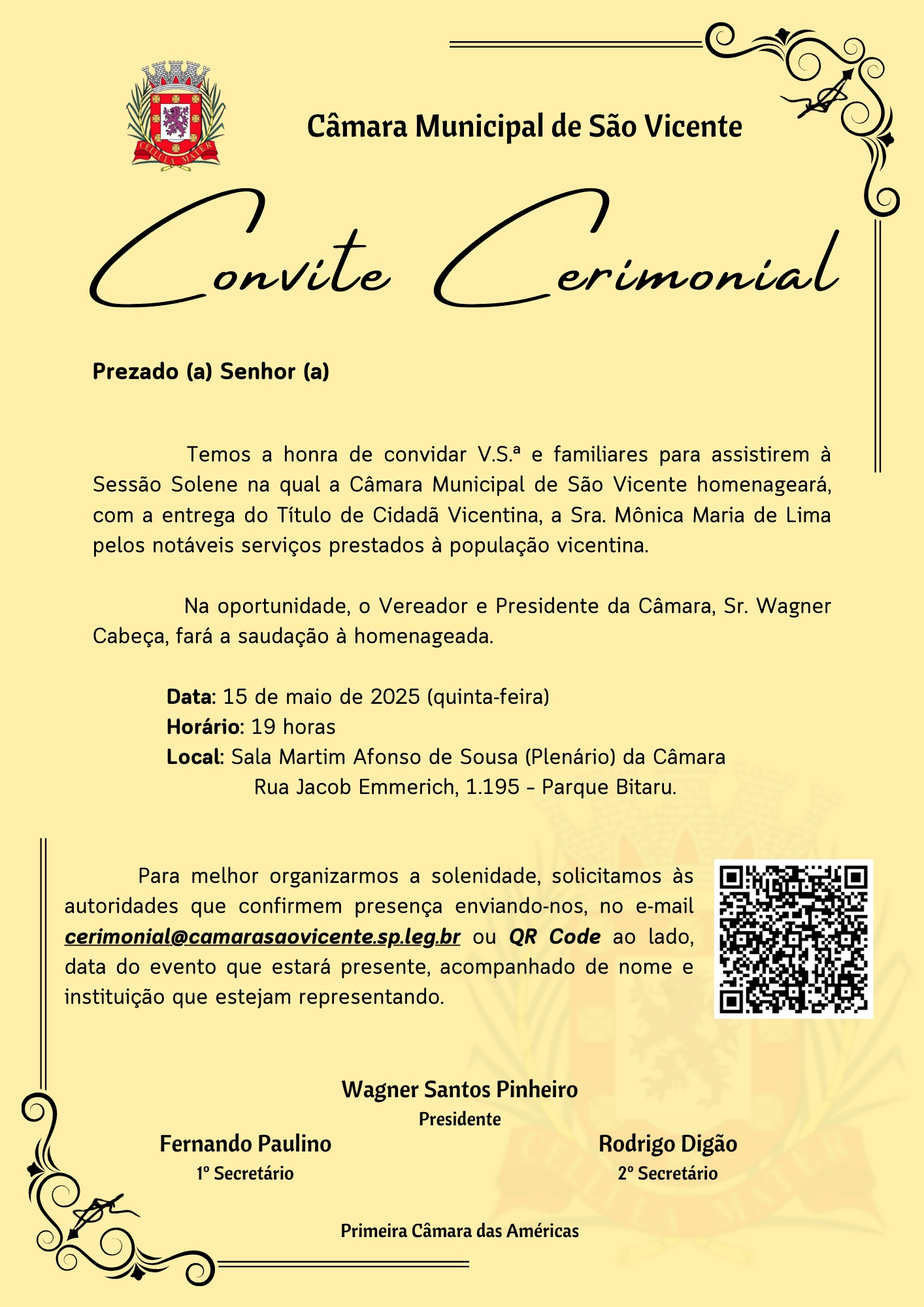 Convite para Sessão Solene: Entrega de Título aos senhores Élcio De Assis Machado e Elmiran Ferreira Santos